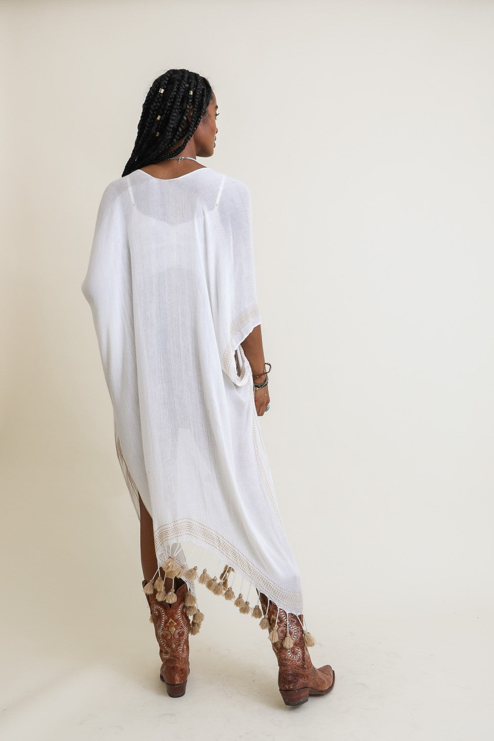 Longline Tassel Border White Kimono