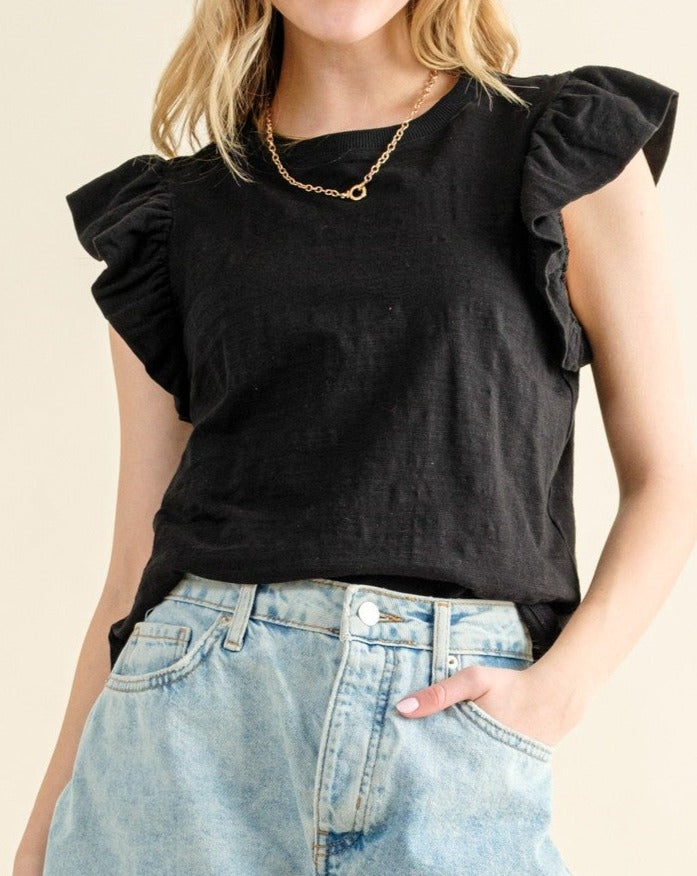 Joy Black Slub Ruffle Sleeve Tee