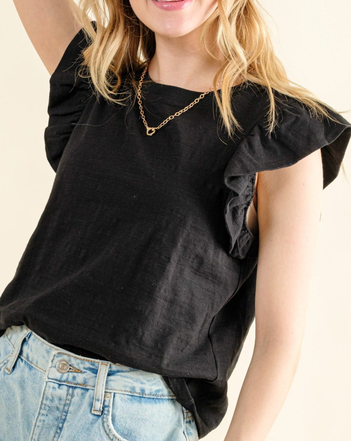 Joy Black Slub Ruffle Sleeve Tee