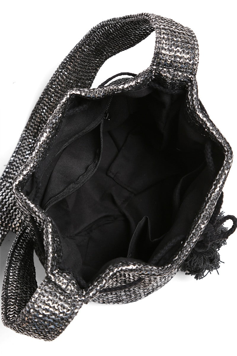 Metallic Black Straw Crossbody