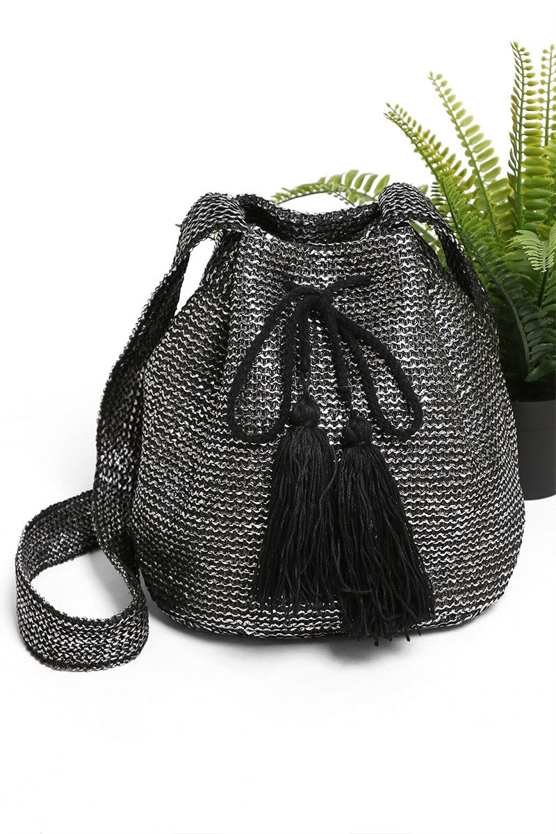 Metallic Black Straw Crossbody