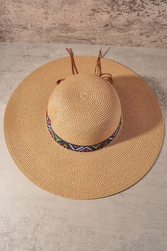 Woven Ikat Natural Hat W/ Vegan Leather Aztec Band