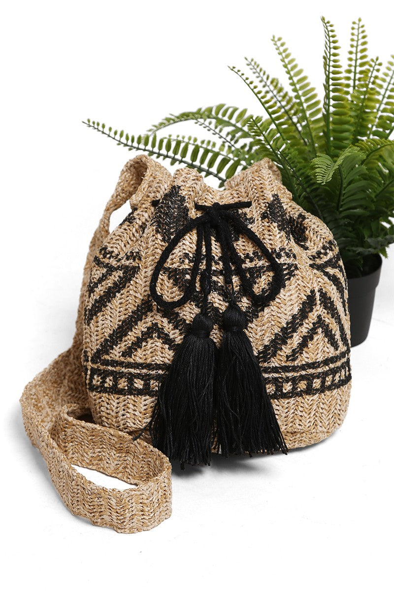 Black Tribal Straw Crossbody