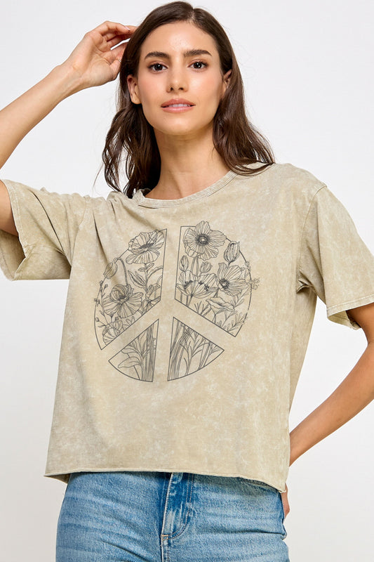 Vintage Olive Flower Peace Graphic Tee