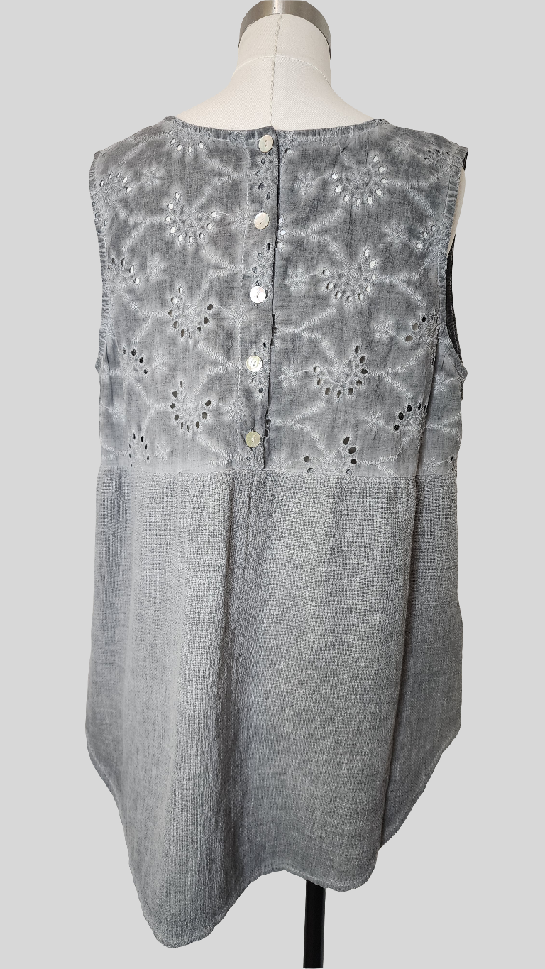 Grey Eyelet Back Linen/Cotton Top