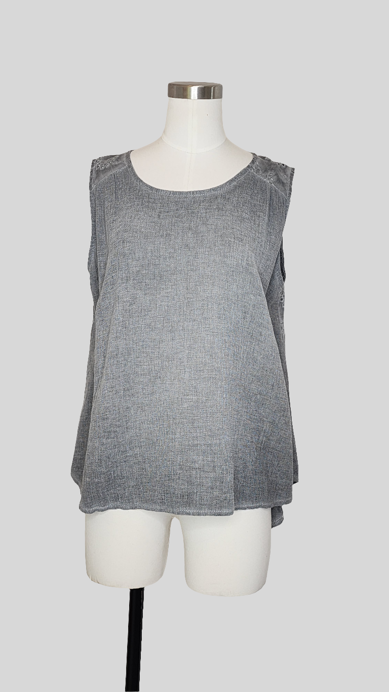 Grey Eyelet Back Linen/Cotton Top