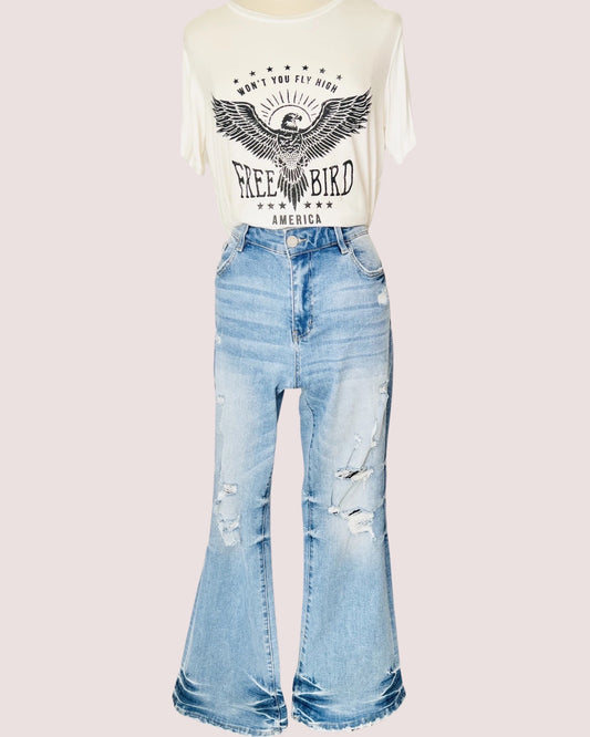 Mid-Rise Distressed Flare Denim